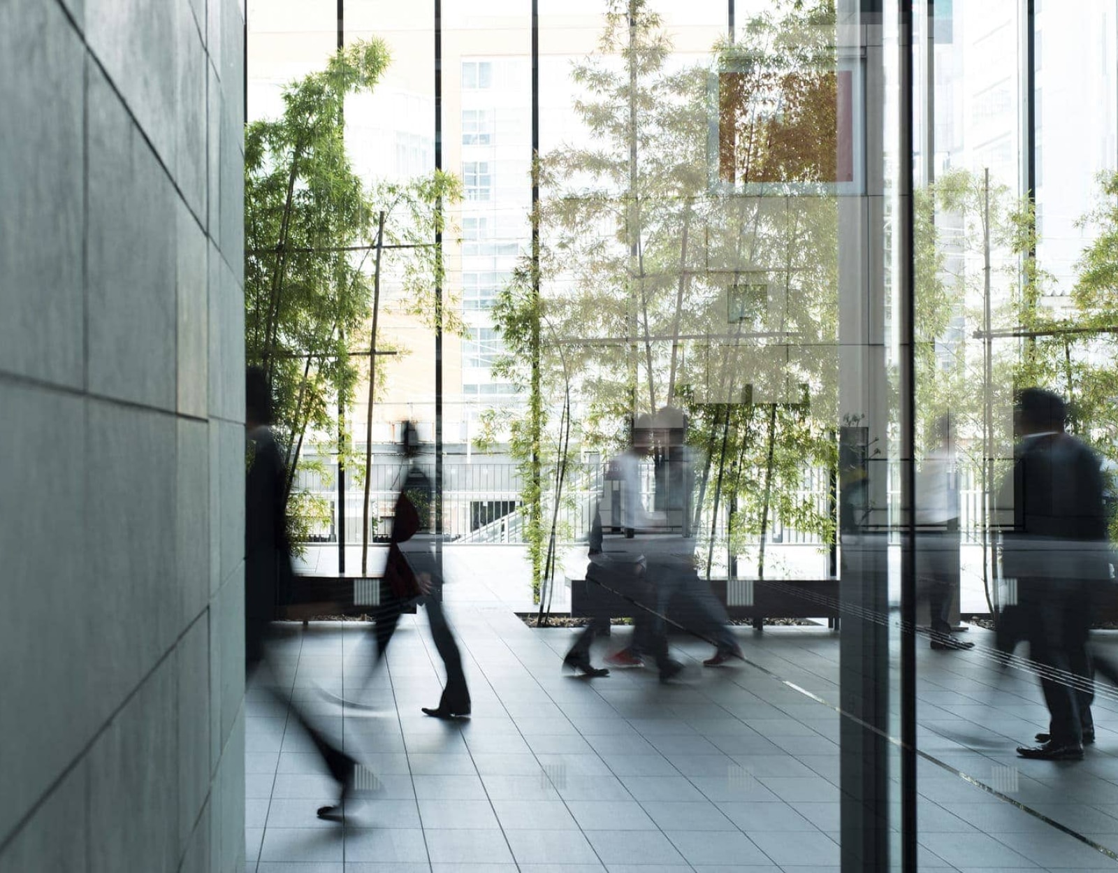 People walking in an atrium of an office building, surrounded by trees
